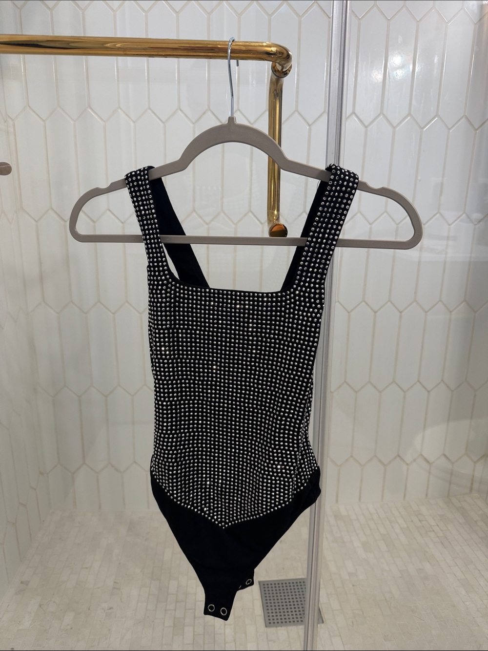 Good American - Black Embellished Square Neck Bodysuit